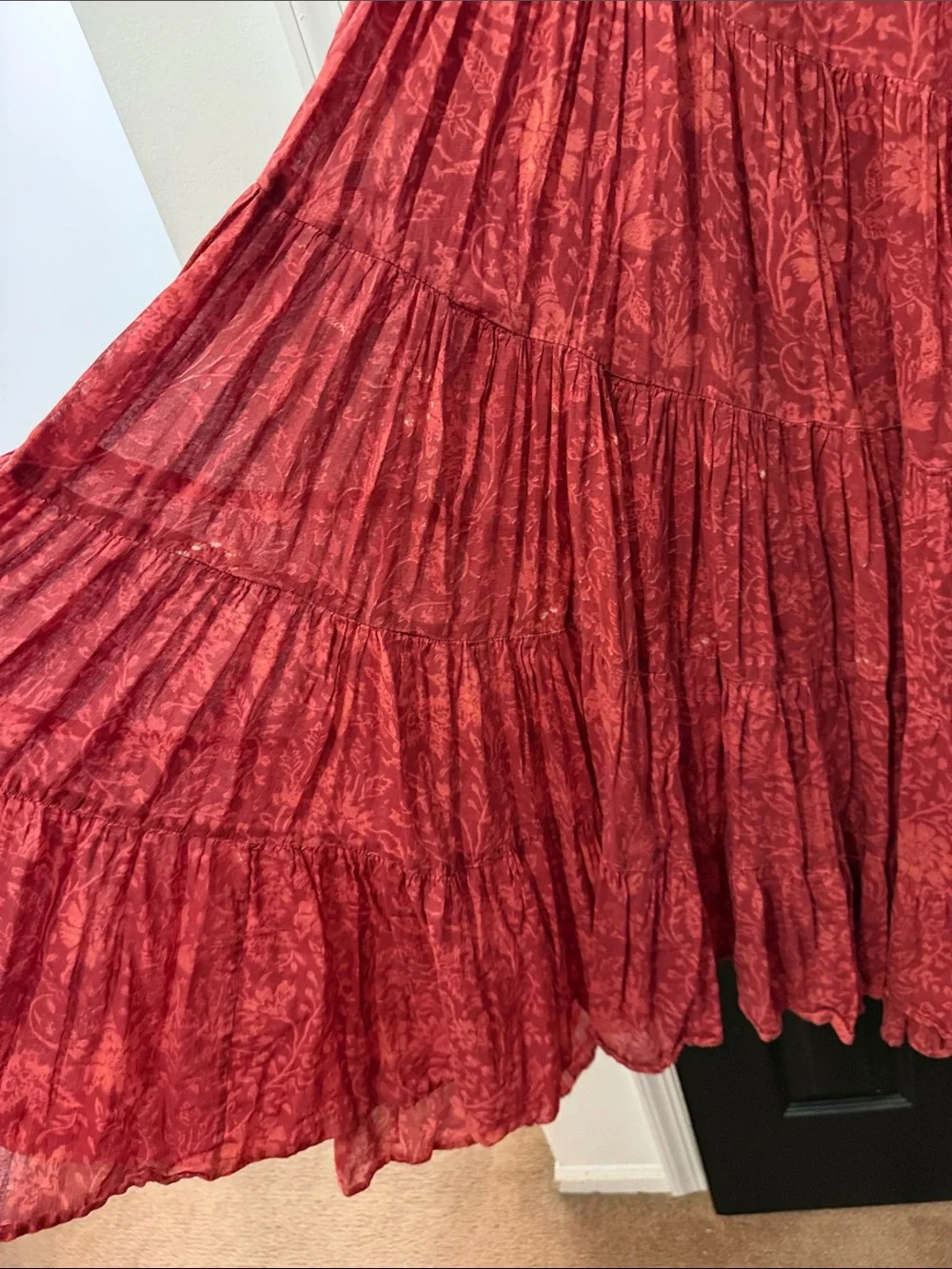 Free People Red Floral Tiered Maxi with Smocked Waist and Spaghetti Straps